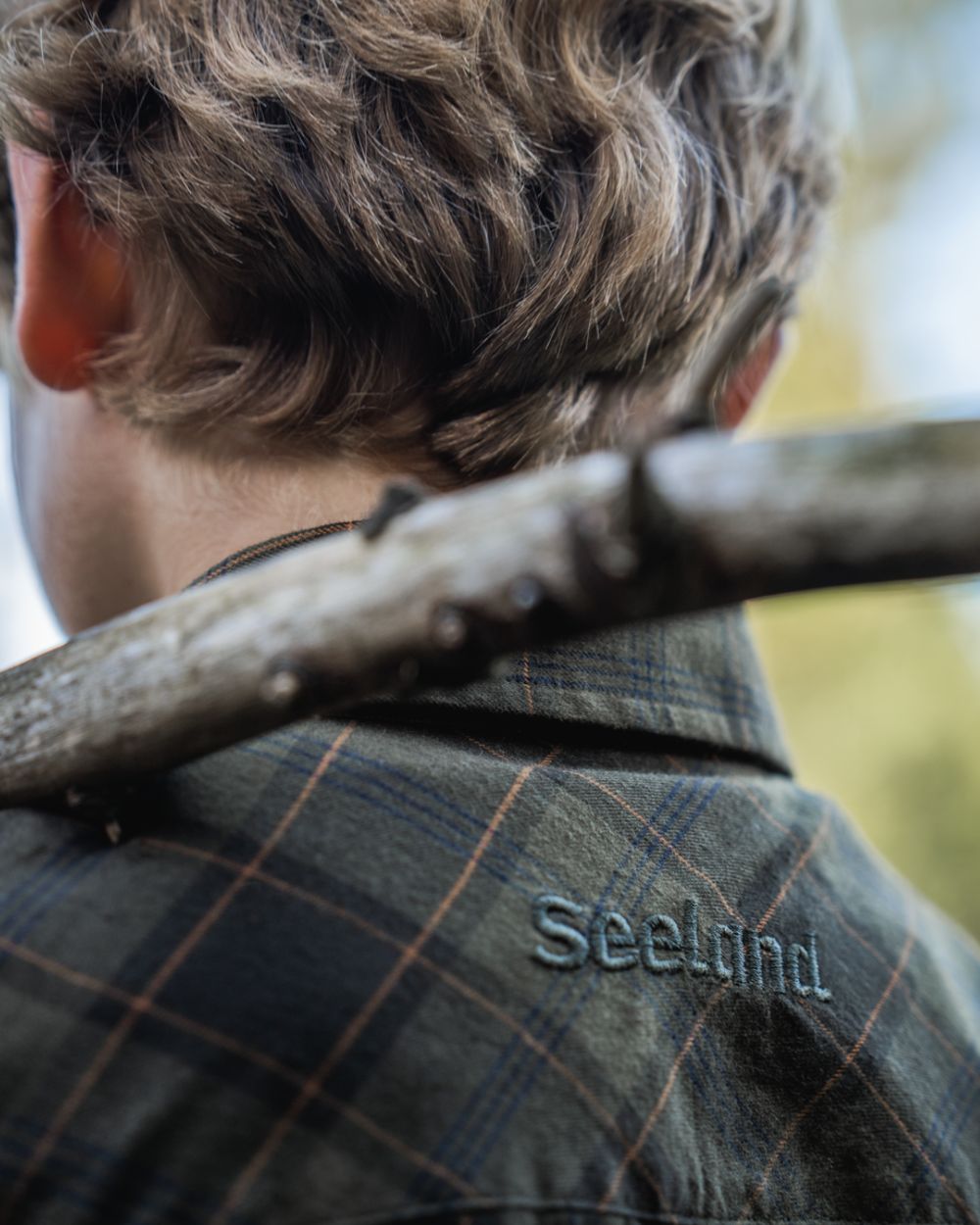 Pine Green Dark Navy Check Coloured Seeland Childrens Glen Flannel Shirt on outdoor background