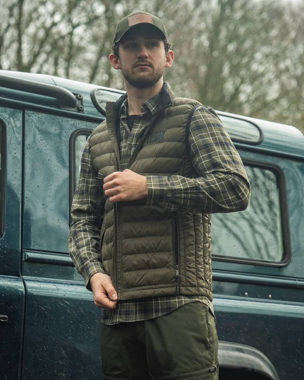 Grape Leaf Dark Navy Check Coloured Seeland Glen Flannel Shirt On A forest Background