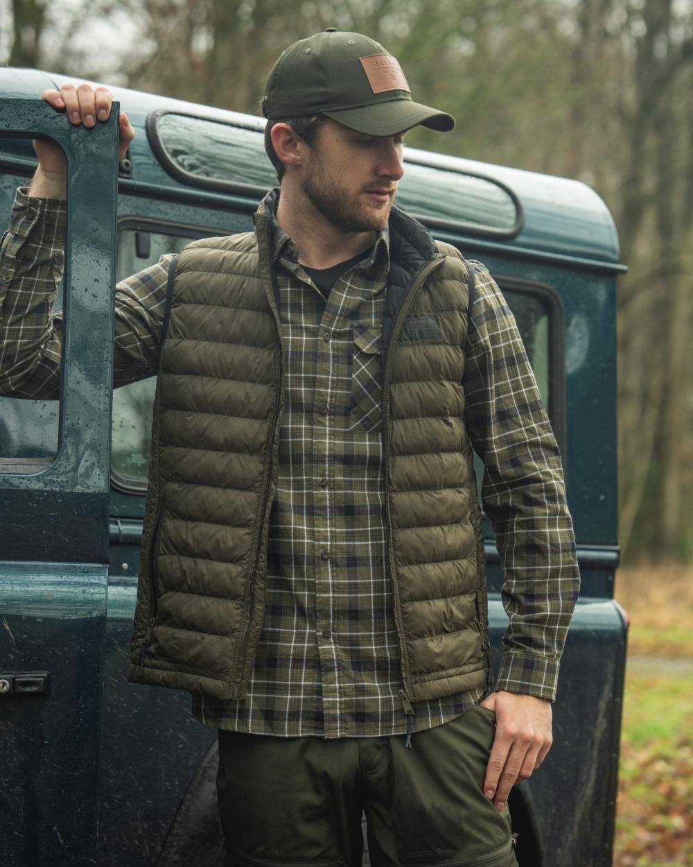 Grape Leaf Dark Navy Check Coloured Seeland Glen Flannel Shirt On A forest Background
