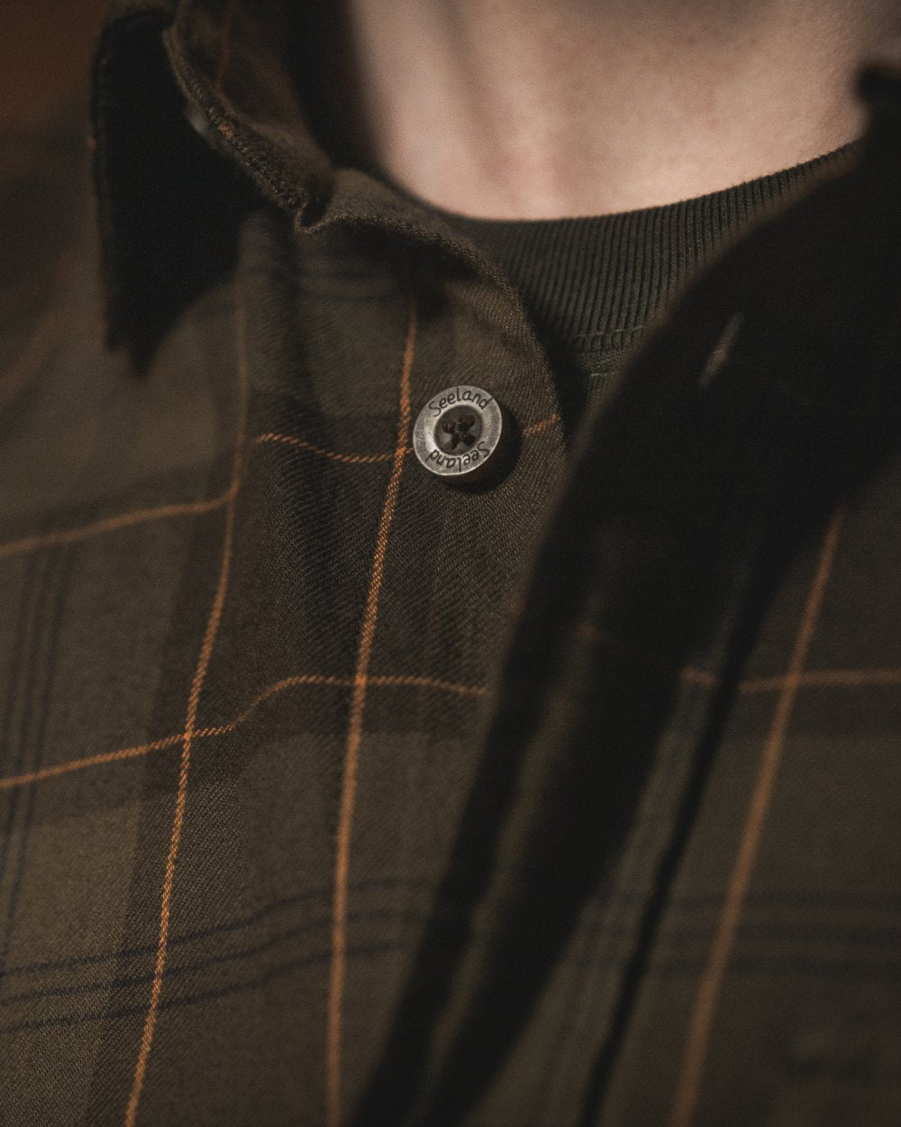 Pine Green Dark Navy Check Coloured Seeland Glen Flannel Shirt On A Outdoor Background