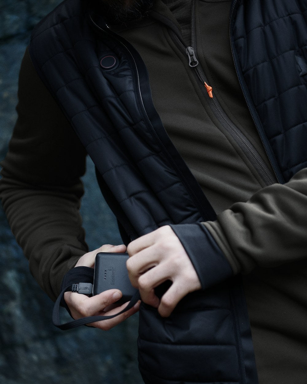 Black Coloured Seeland Heat Quilted Waistcoat on outdoor background