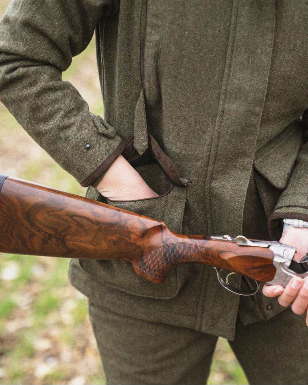 Moss Green Coloured Seeland Hillside Harriet Jacket on outdoor background