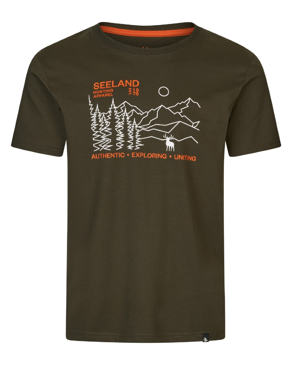 Pine Green Coloured Seeland Landscape T-Shirt on white background