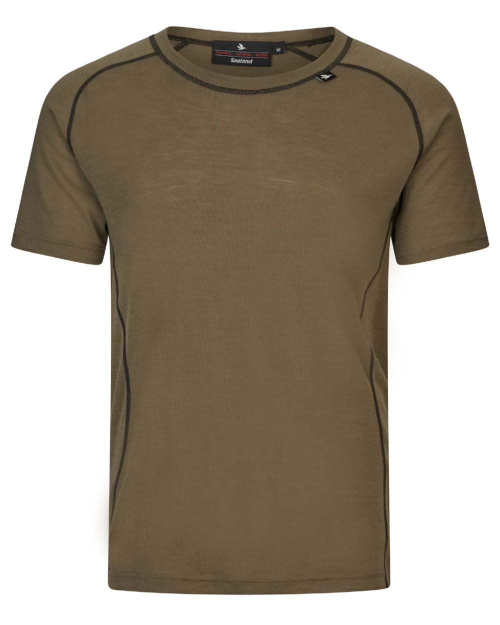 Covert Green Coloured Seeland Mens Apex Merino T-Shirt on white background