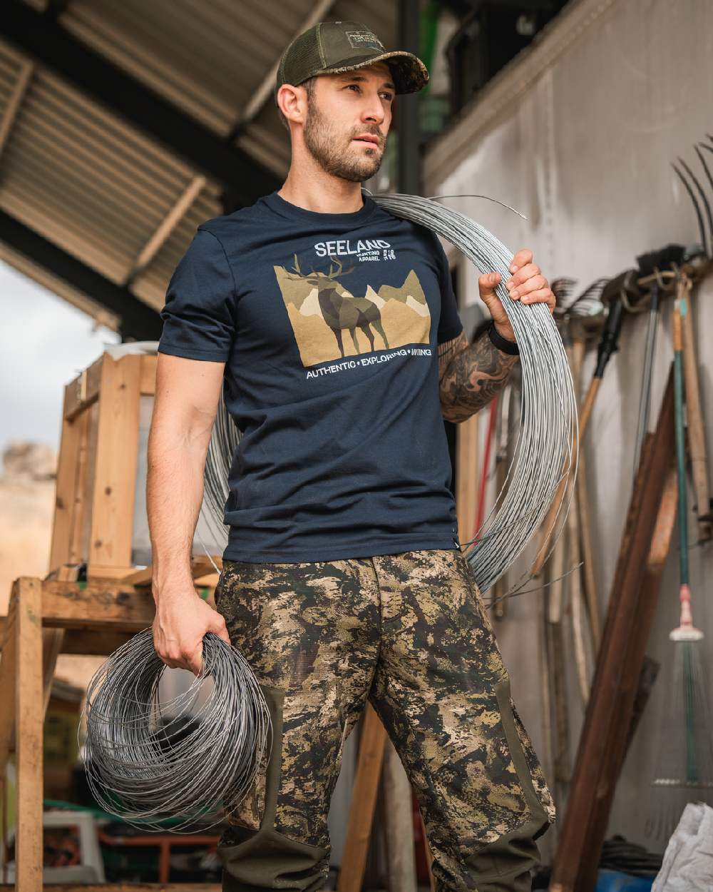 Dark Blue Coloured Seeland Mens Fragment T-Shirt on workshop background