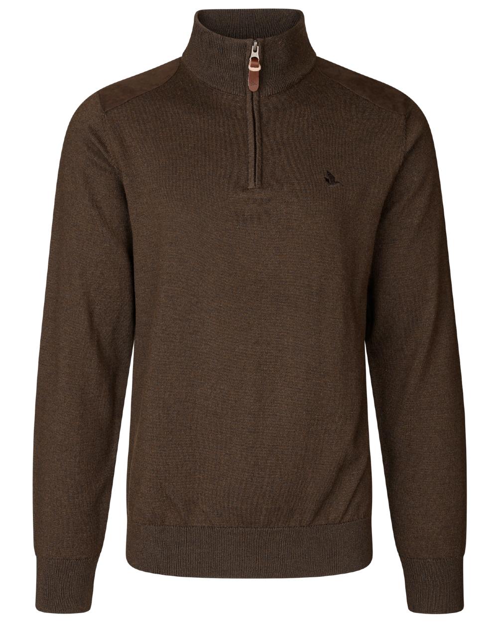 Dark Brown coloured Seeland Mens Pine Half Zip Sweater on white background