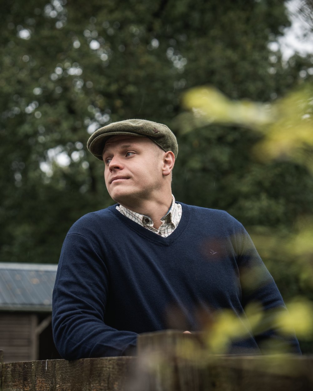 Dark Sapphire Coloured Seeland Mens Pine V-Neck Pullover on outdoor background