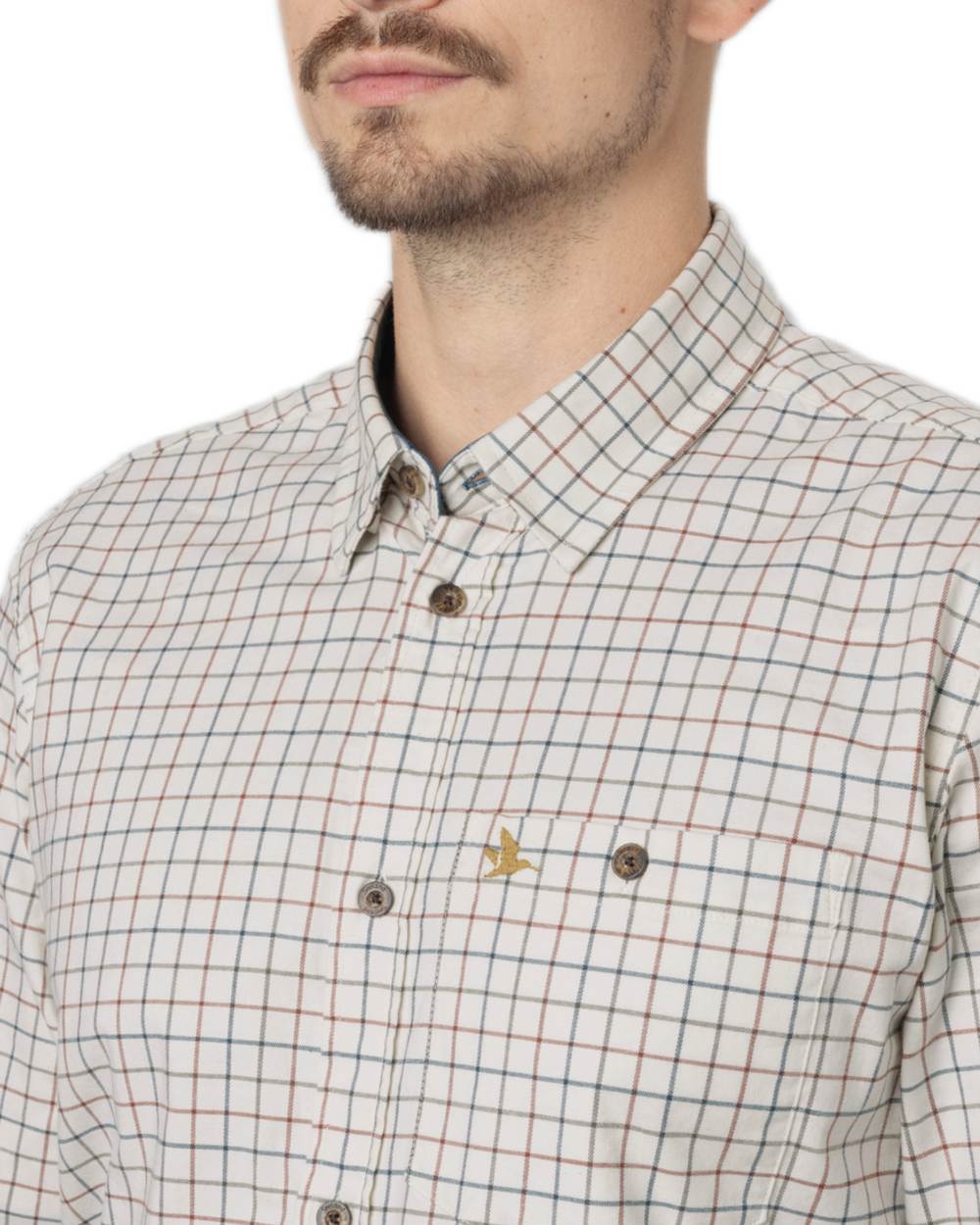 Grape Leaf Terracotta Check Coloured Seeland Oxford Shooting Shirt on white background