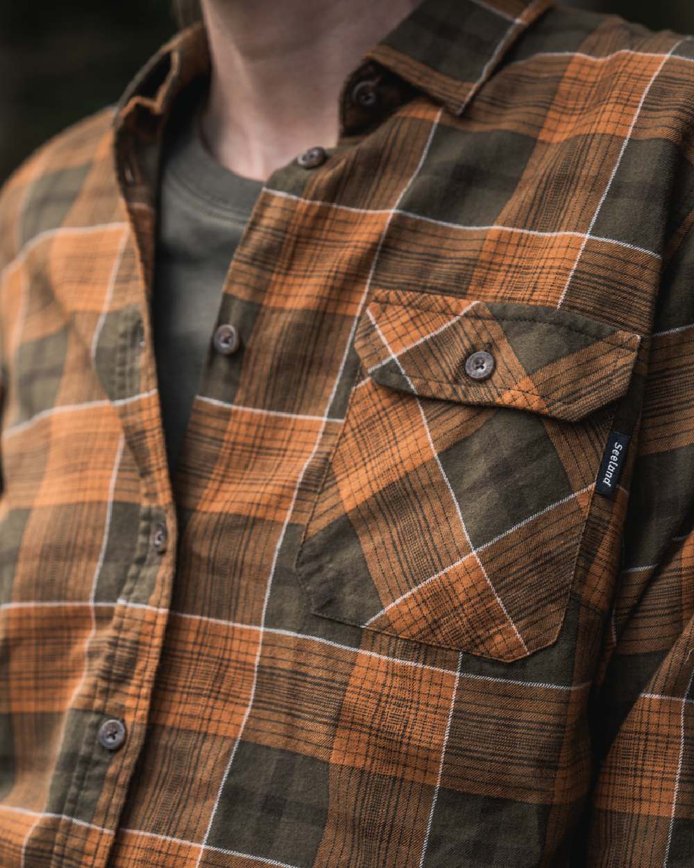 Grizzly Brown Terracotta Check Coloured Seeland Skye Flannel Shirt on outdoor background