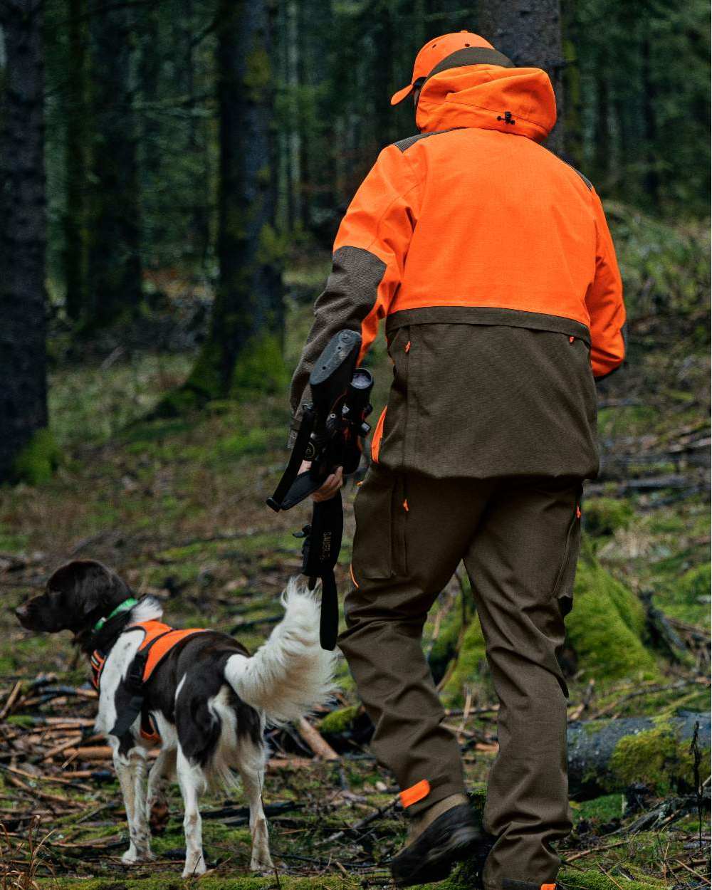 Pine Green Hi-Vis Orange Coloured Seeland Venture Rover Jacket on forest background