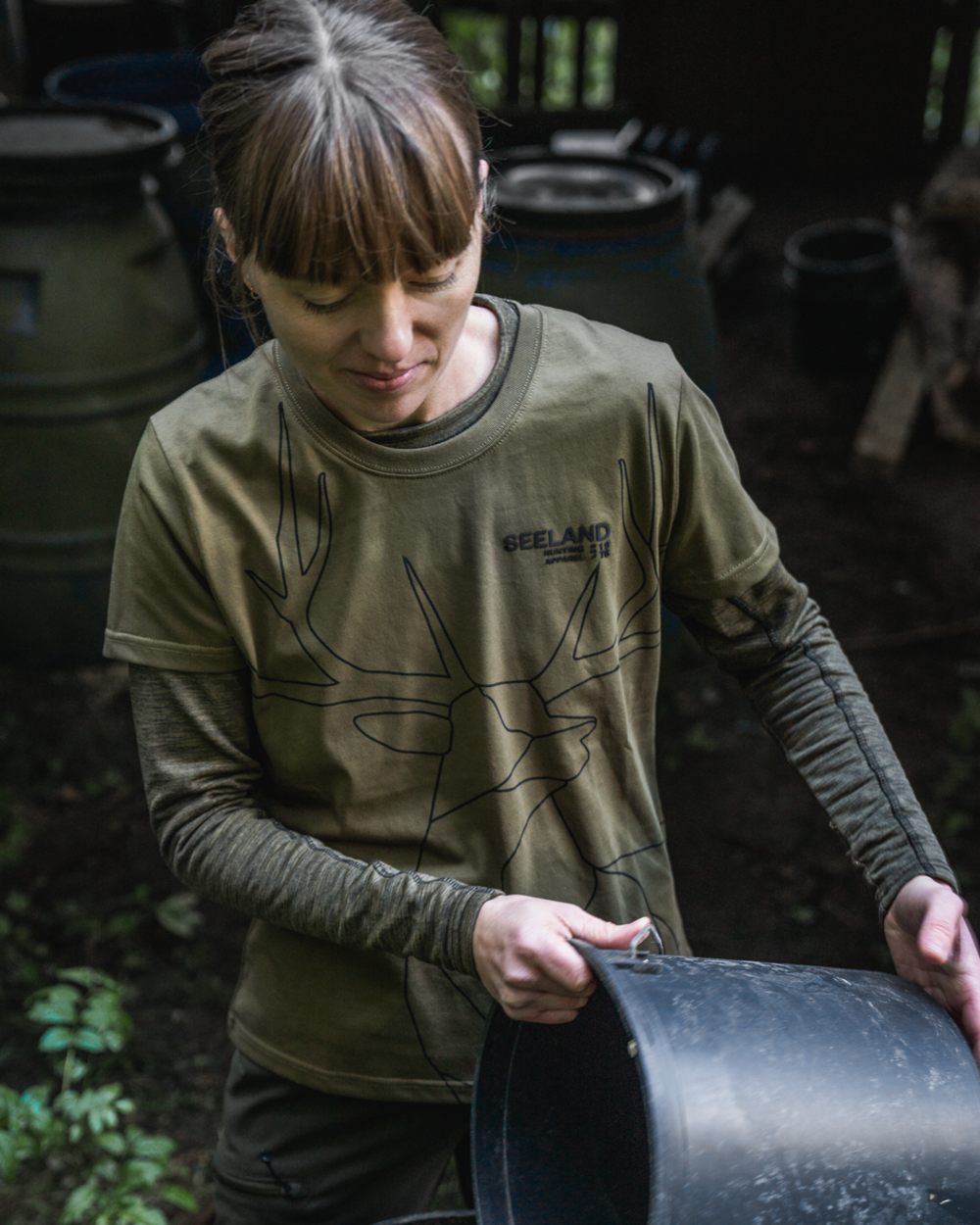 Military Olive Coloured Seeland Womens Deer On Line T-Shirt on outdoor background