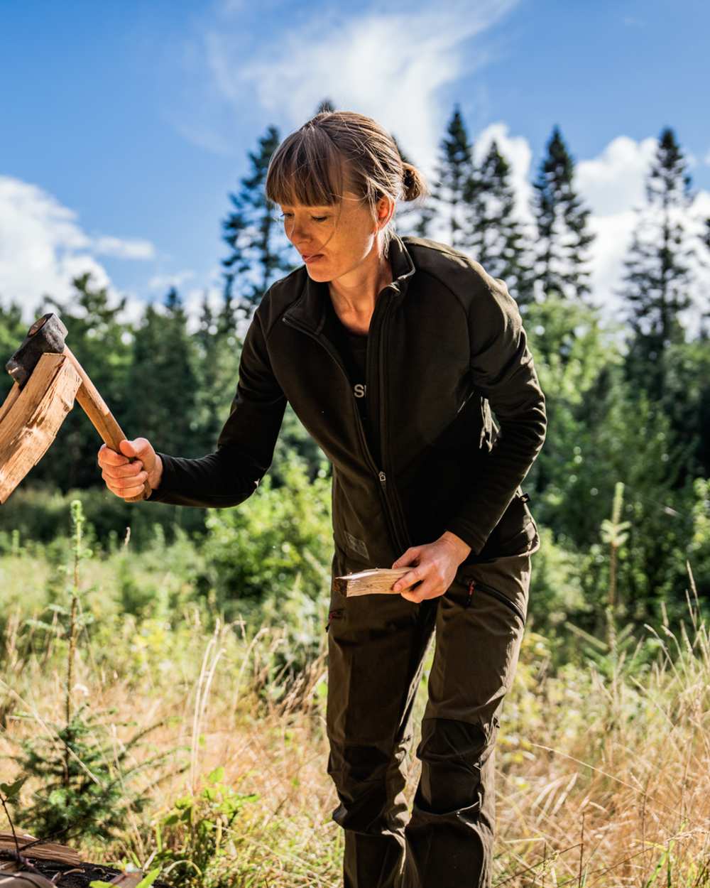 Pine Green Chocolate Torte coloured Seeland Womens Larch Stretch Trousers on forest background