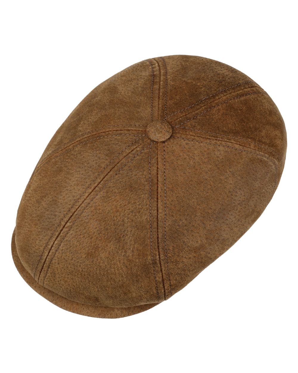 Brown coloured Stetson 6 Panel Vintage Pigskin Flat Cap on white background