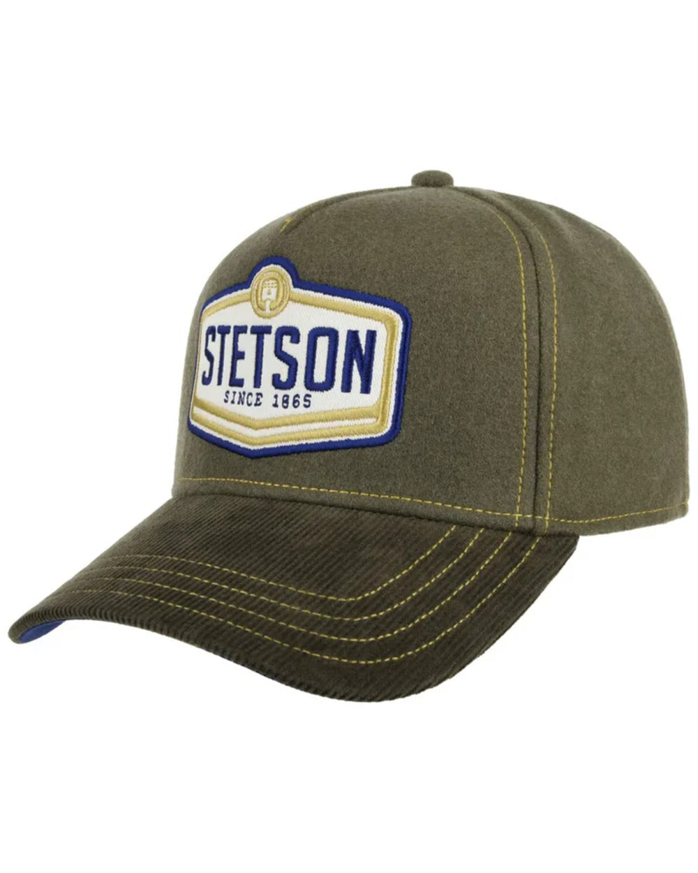 Olive coloured Stetson America Heritage Wool Piston Trucker Cap on white background