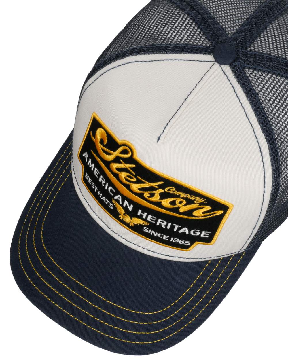 Blue White coloured Stetson American Heritage Blue White Trucker Cap on white background