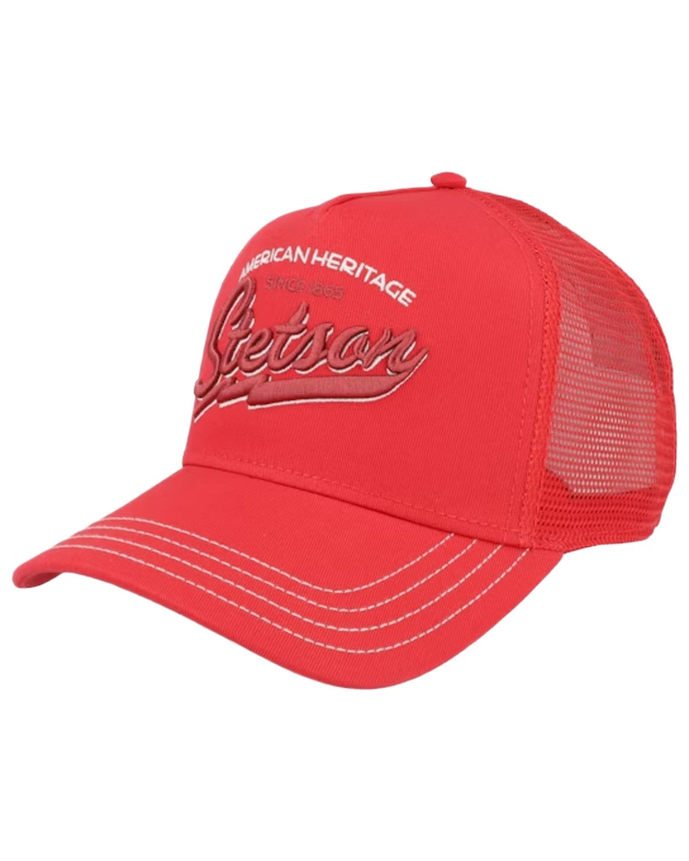 Fire Red coloured Stetson American Heritage Fire Red Classic Trucker Cap on white background