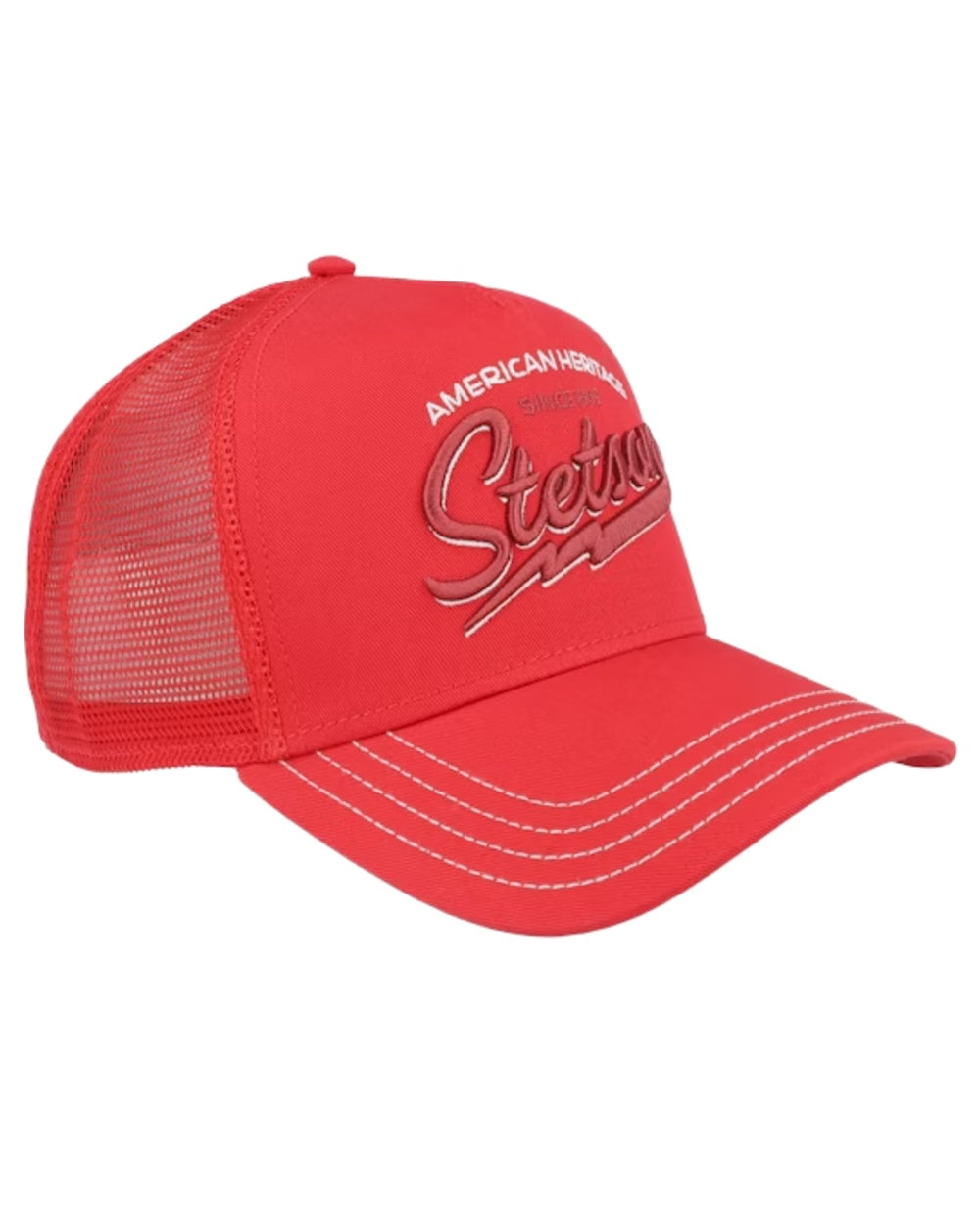 Fire Red coloured Stetson American Heritage Fire Red Classic Trucker Cap on white background