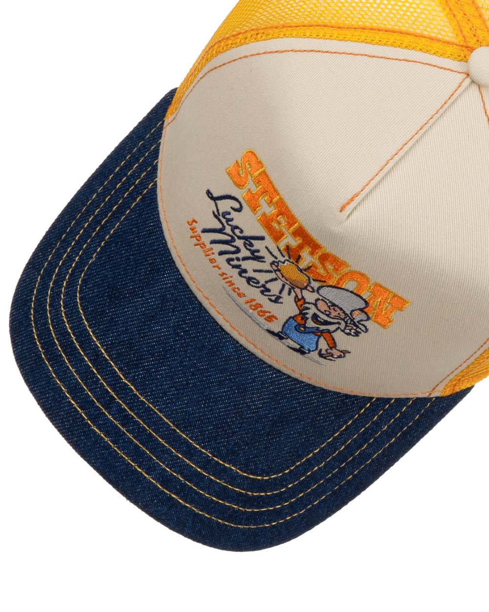 Denim Blue Off White coloured Stetson American Heritage Lucky Miners Trucker Cap on white background