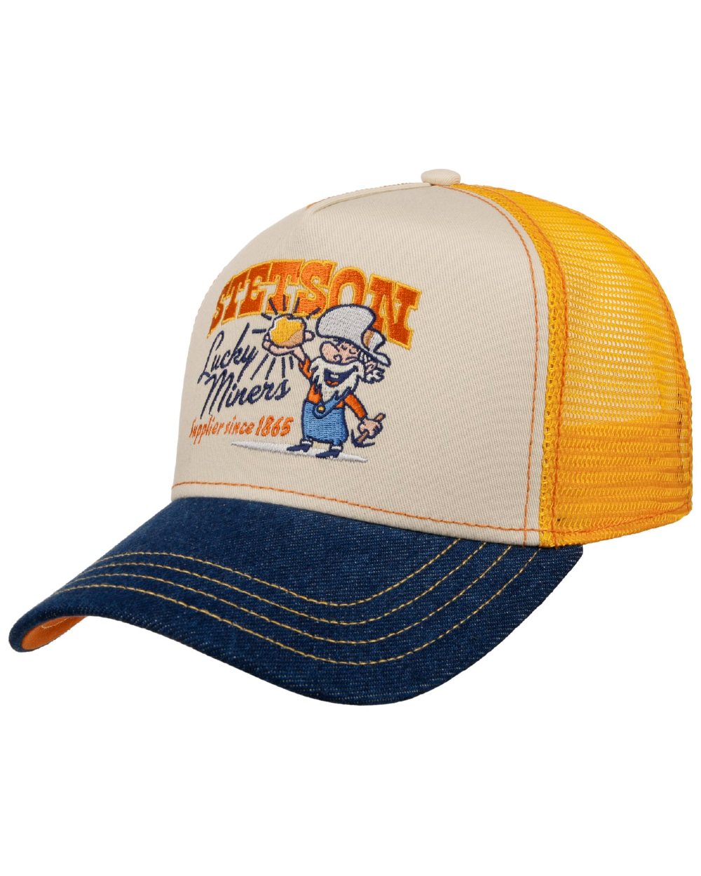 Denim Blue Off White coloured Stetson American Heritage Lucky Miners Trucker Cap on white background