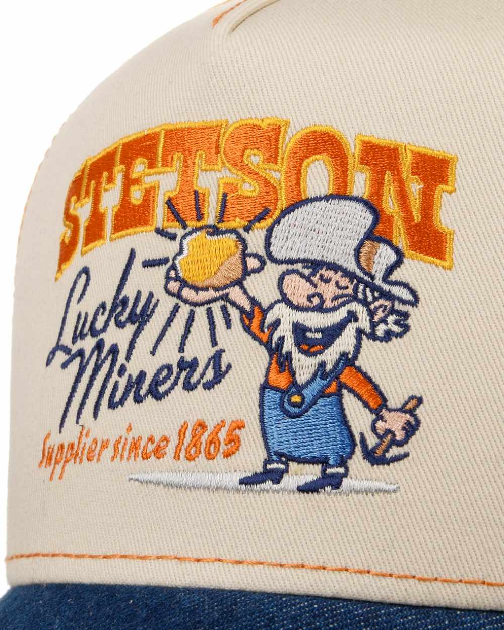 Denim Blue Off White coloured Stetson American Heritage Lucky Miners Trucker Cap on white background