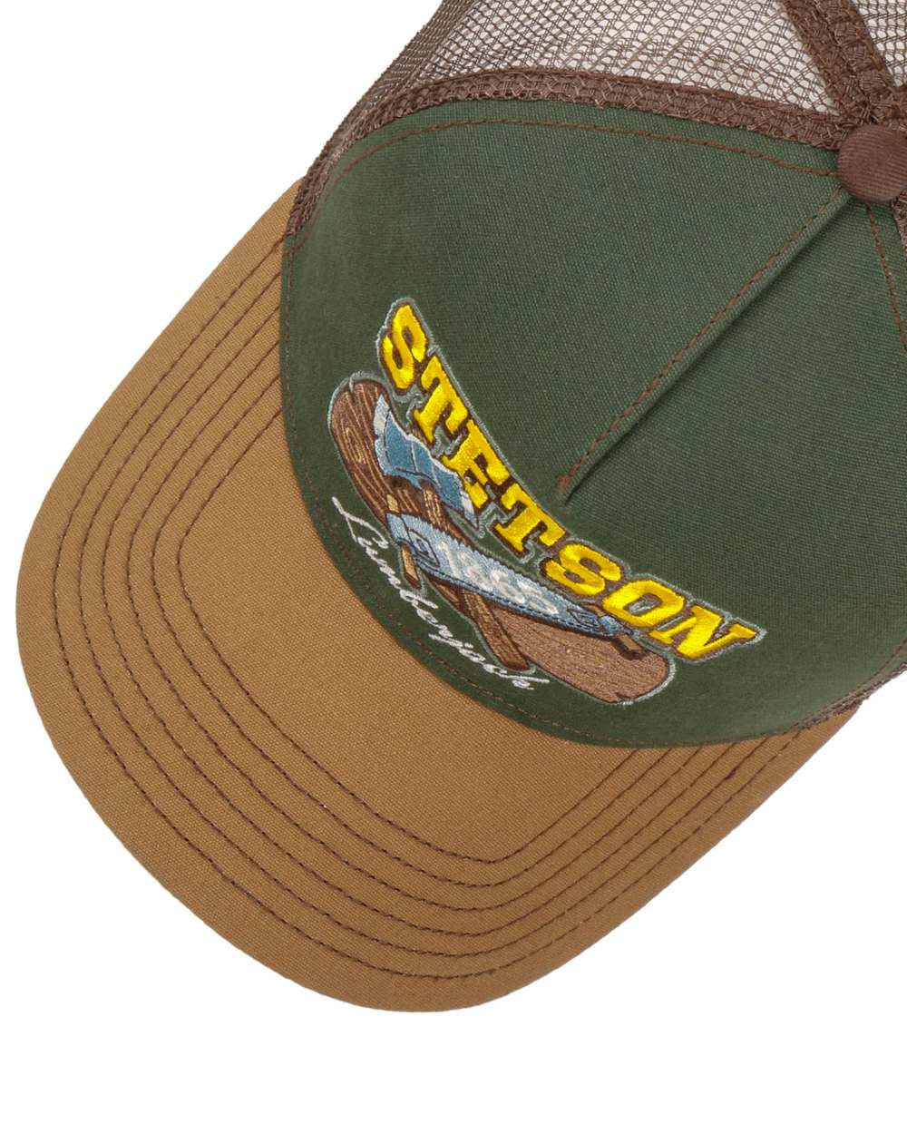 Caramel Green coloured Stetson American Heritage Lumberjack Trucker Cap on white background