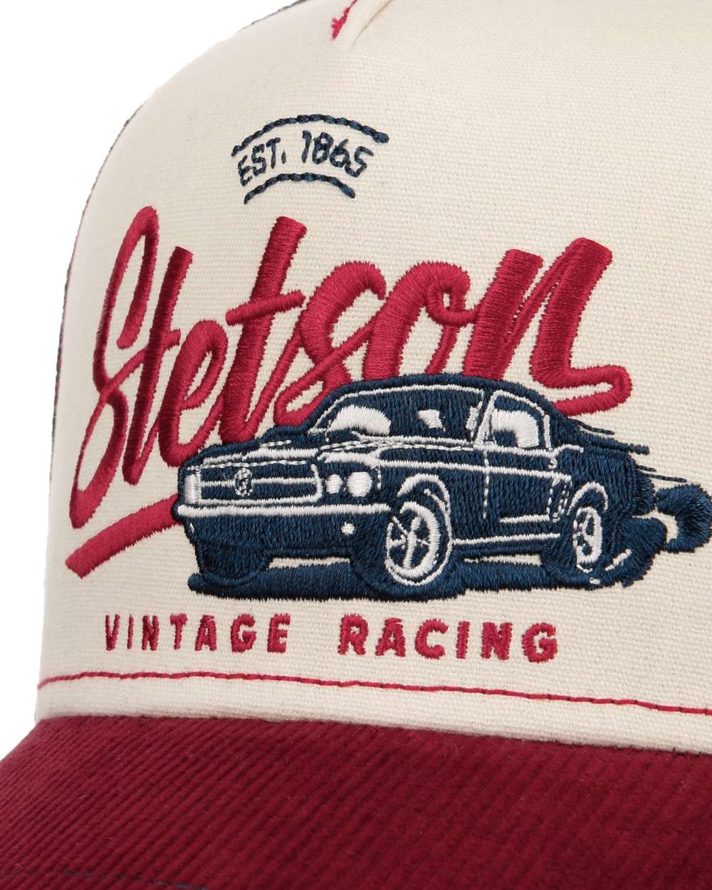Wine Off White coloured Stetson American Heritage Vintage Racing Trucker Cap on white background