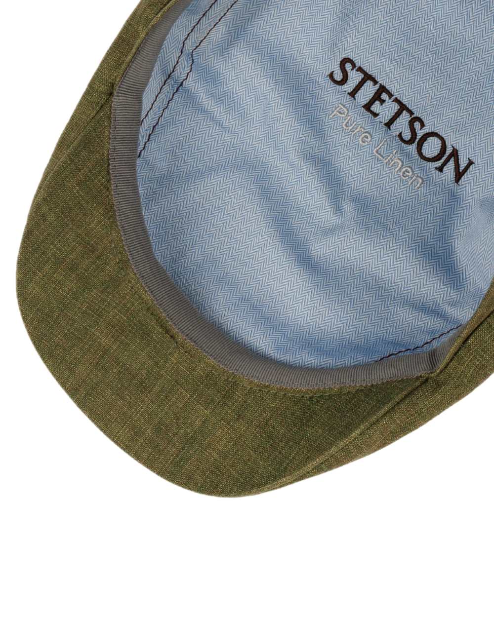 Dark Olive Coloured Stetson Bricksford 8 Panel Linen Flat Cap on white background