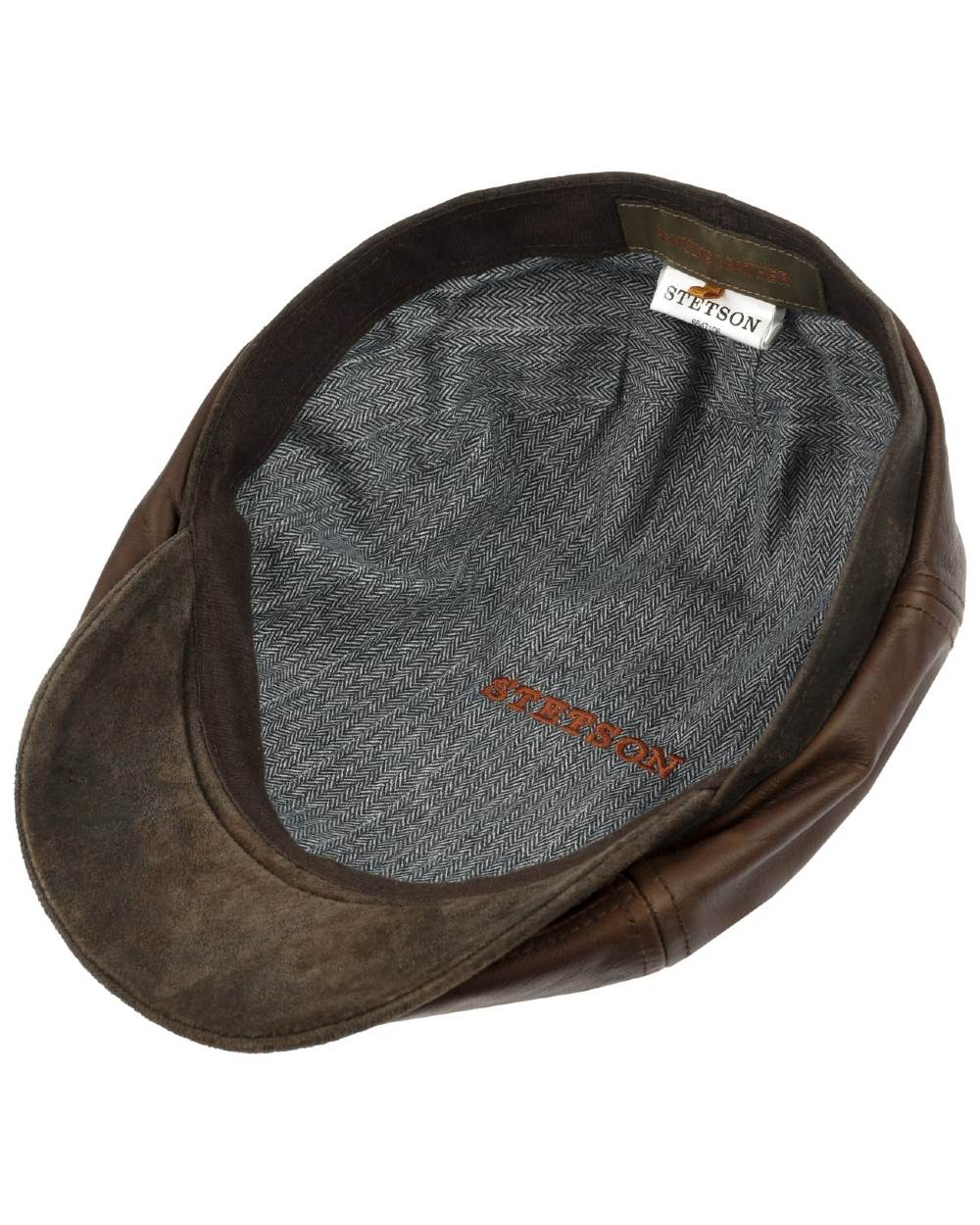 Cognac coloured Stetson Brooklin Leather Flat Cap on white background