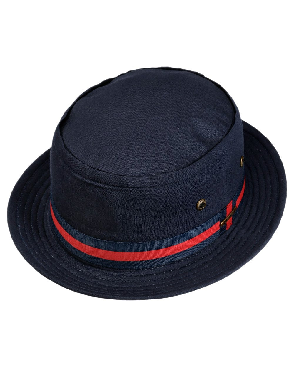 Navy Coloured Stetson Classic Band Pork Pie Cloth Hat on white background