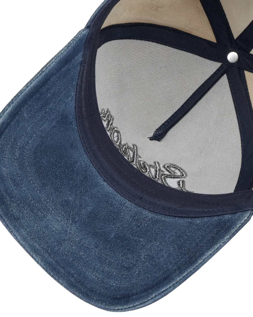 Denim Blue coloured Stetson Denim Leather Trucker Cap on white background