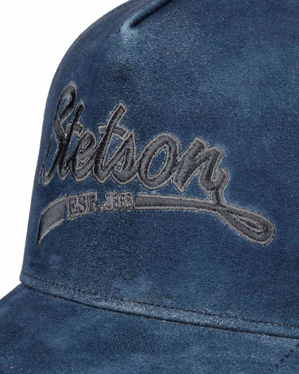 Denim Blue coloured Stetson Denim Leather Trucker Cap on white background
