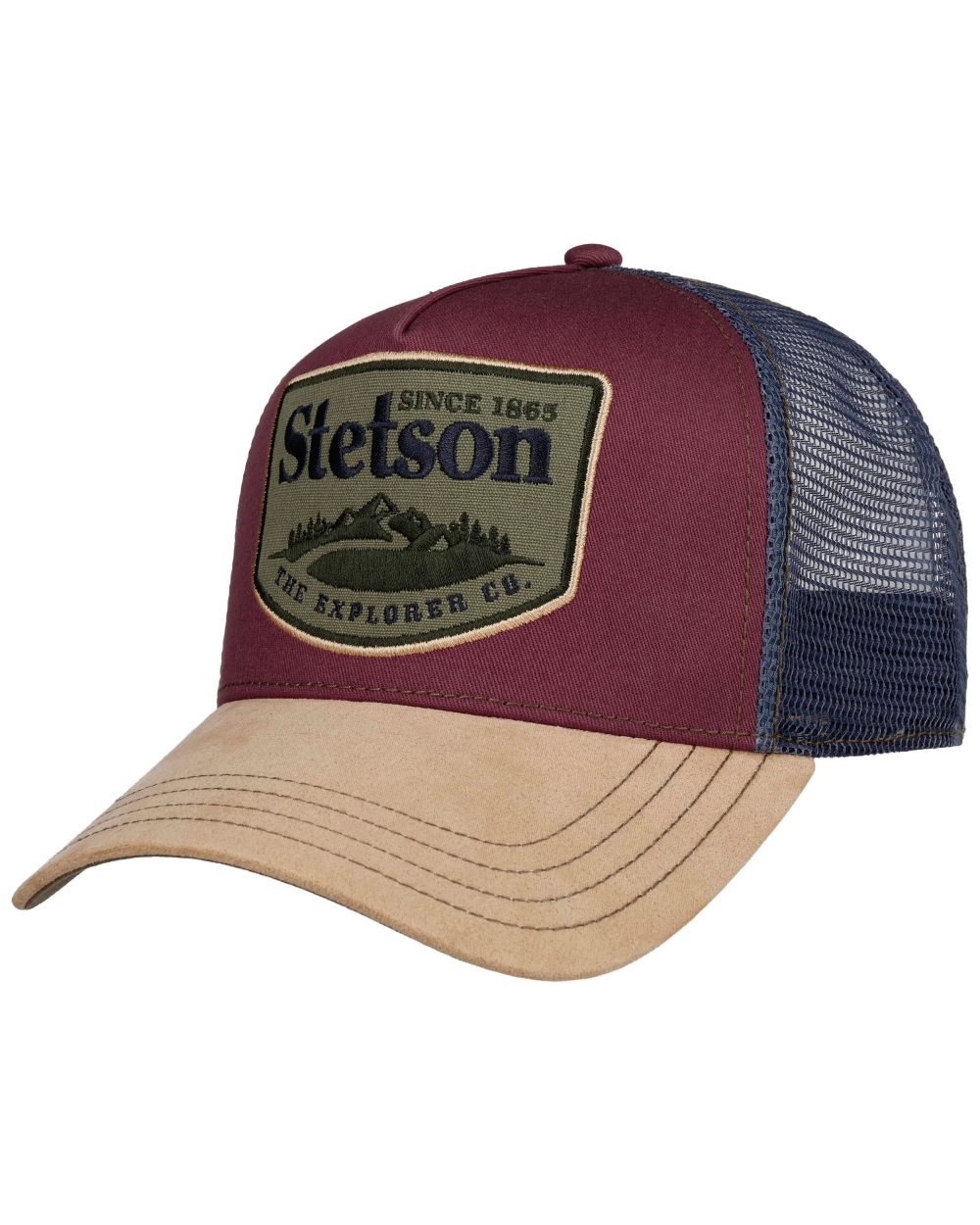Beige Wine coloured Stetson Explorer Trucker Cap on white background