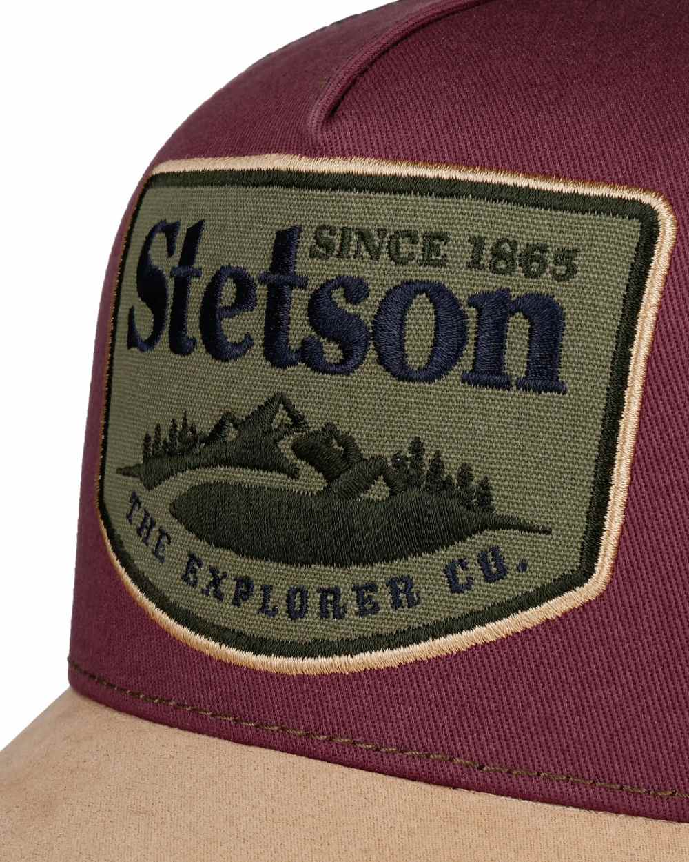 Beige Wine coloured Stetson Explorer Trucker Cap on white background