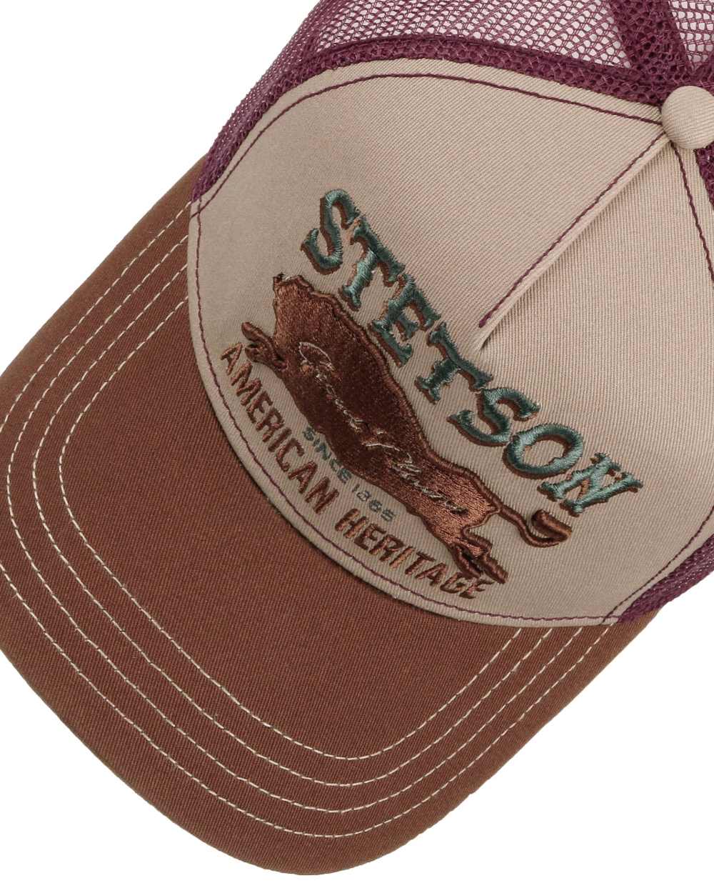 Brown Wine coloured Stetson Great Plains Trucker Cap on white background
