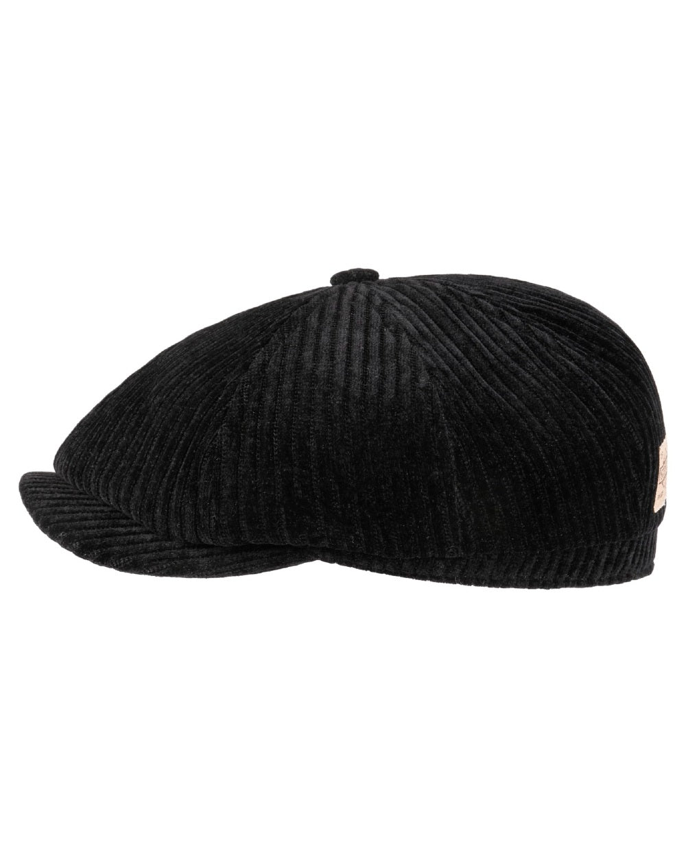 Black coloured Stetson Hatteras Corduroy Jersey Flat Cap on white background