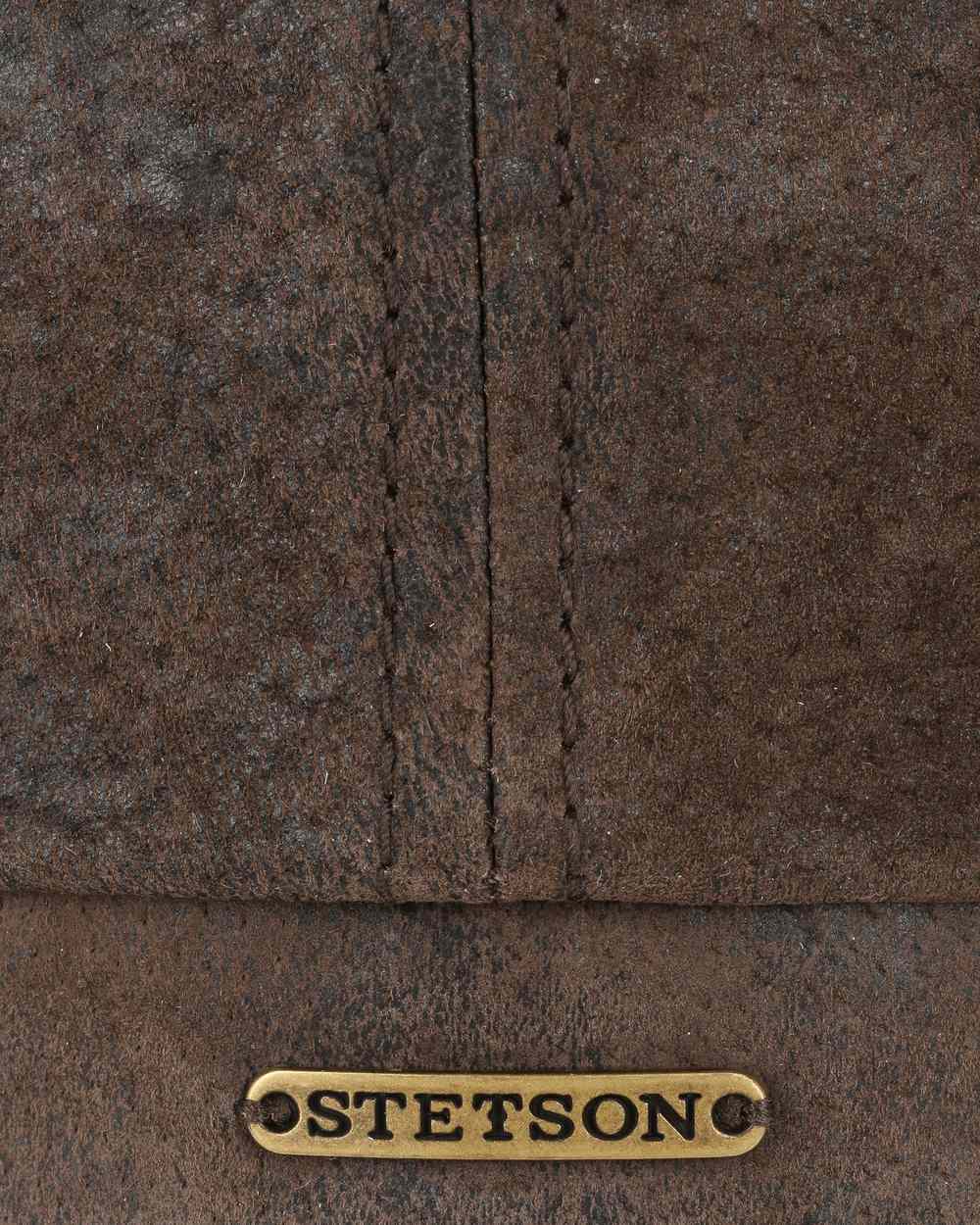 Chocolate coloured Stetson Hatteras Pigskin Leather Cap on white background