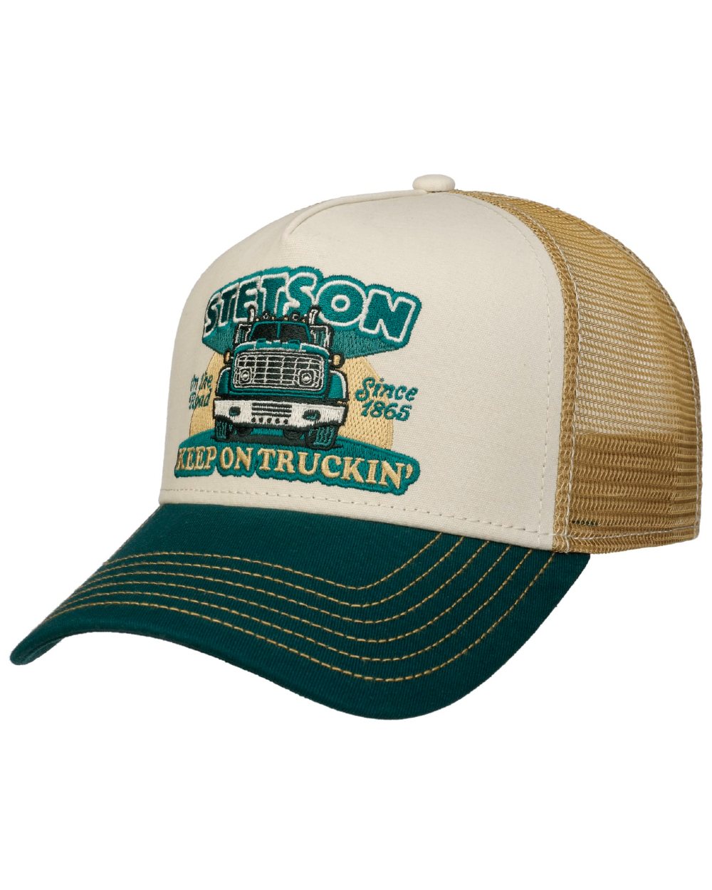 Dark Green coloured Stetson Keep On Trucking Trucker Cap on white background
