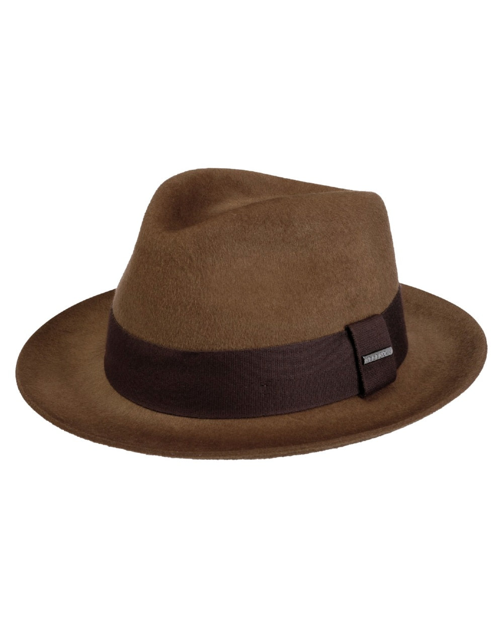 Chestnut coloured Stetson Lenberg Fedora Wool Hat on white background