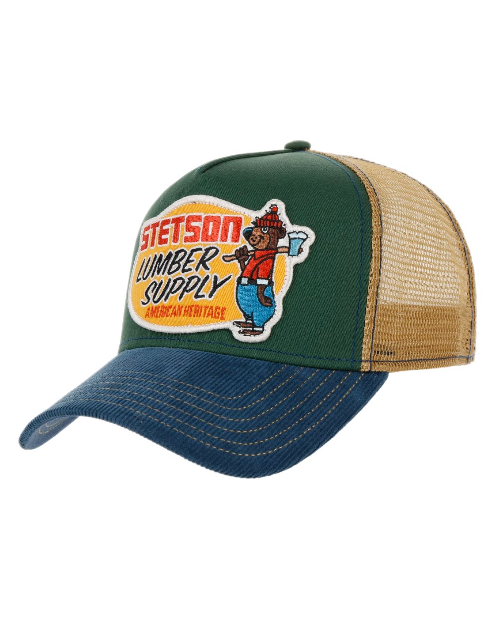 Green Coloured Stetson Lumber Supply Trucker Cap on white background