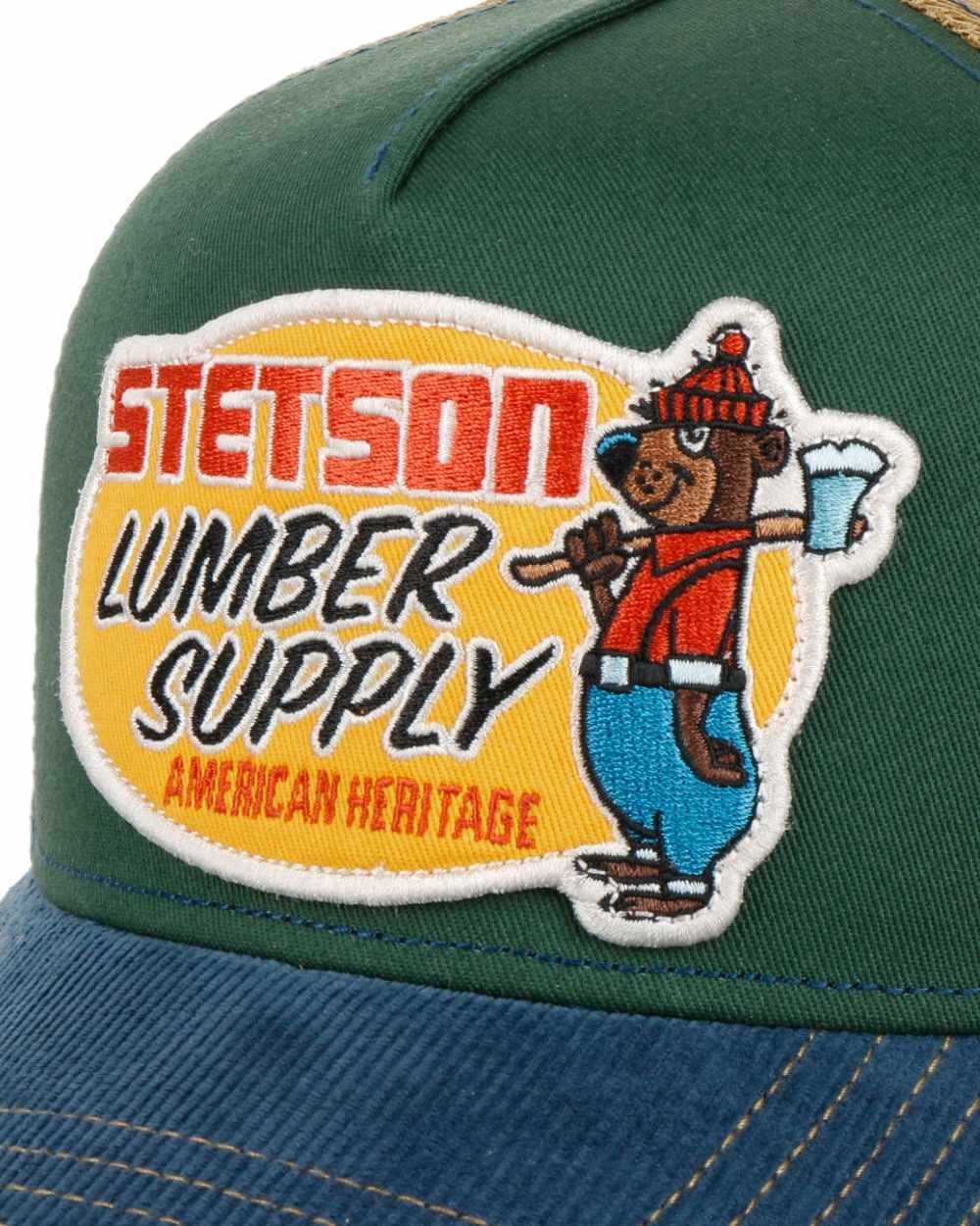 Green Coloured Stetson Lumber Supply Trucker Cap on white background