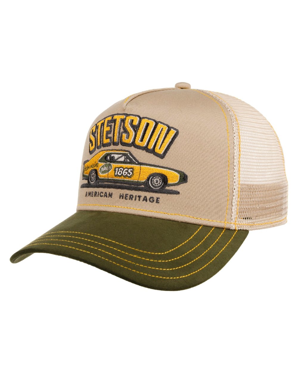 Green Beige coloured Stetson Muscle Car Heritage Trucker Cap on white background