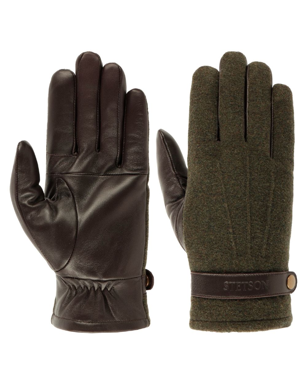 Olive Brown coloured Stetson Nappa Wool Full-Fingered Gloves on white background