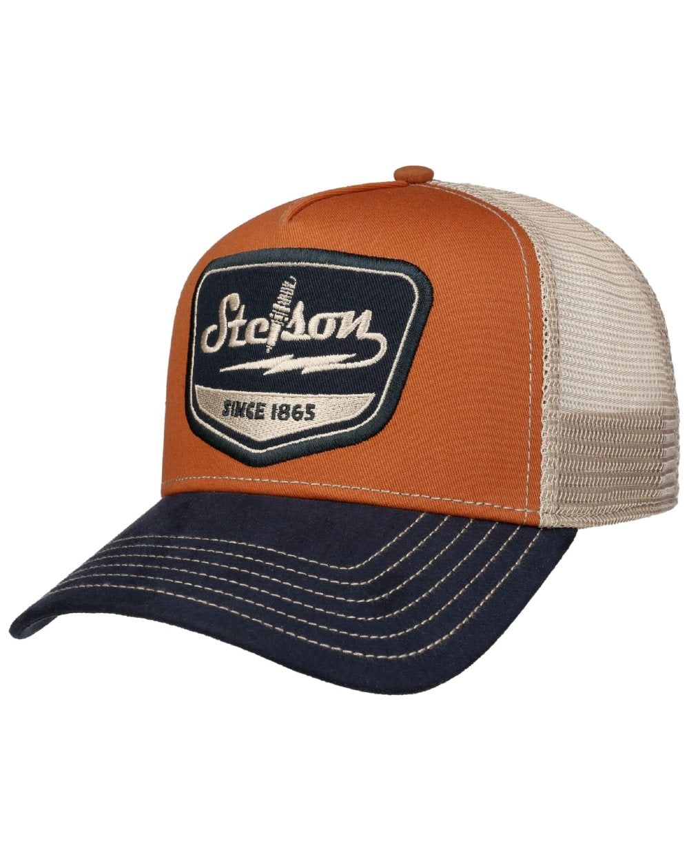 Navy coloured Stetson Spark Plug Trucker Cap on white background