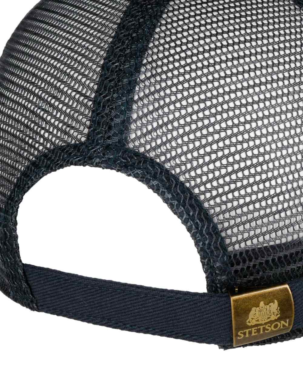 Blue coloured Stetson Vintage Brushed Twill Trucker Cap on white background