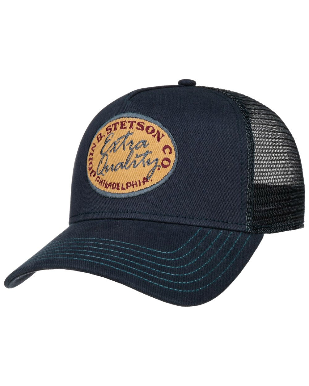 Blue coloured Stetson Vintage Brushed Twill Trucker Cap on white background