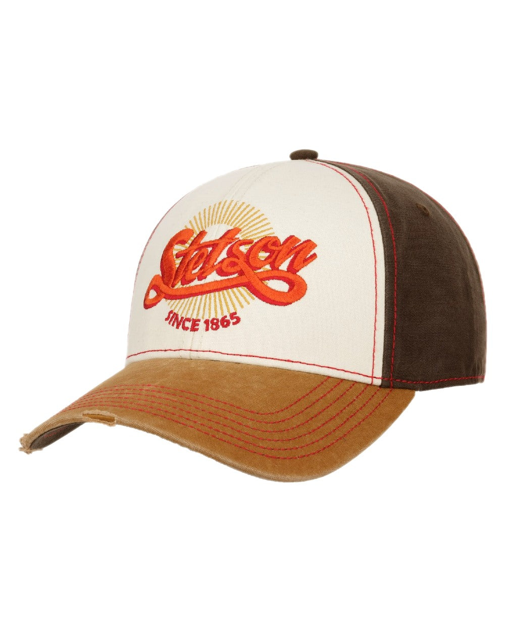 Beige Brown Coloured Stetson Vintage Distressed Baseball Cap on white background