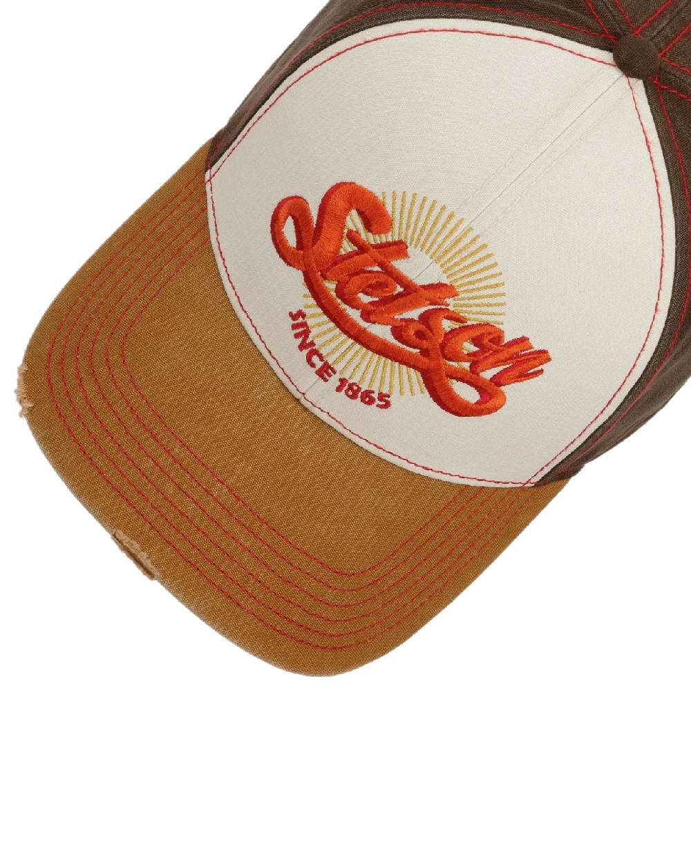 Beige Brown Coloured Stetson Vintage Distressed Baseball Cap on white background