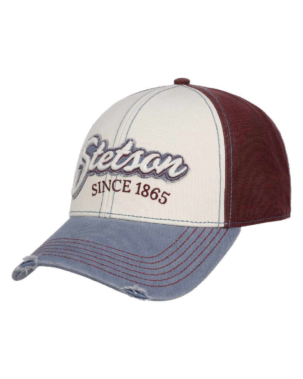 Light Blue Red Coloured Stetson Vintage Distressed Baseball Cap on white background