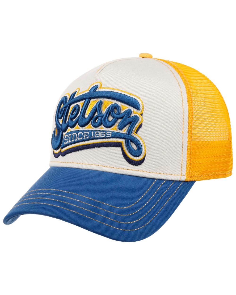 Blue White coloured Stetson Lettering Trucker Cap on white background