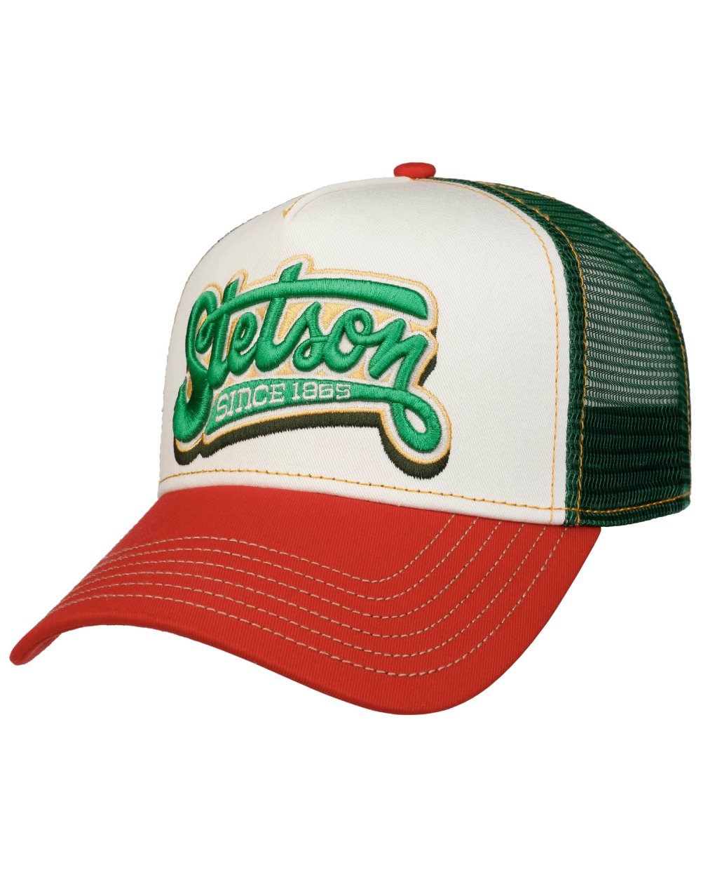 Red Offwhite coloured Stetson Lettering Trucker Cap on white background